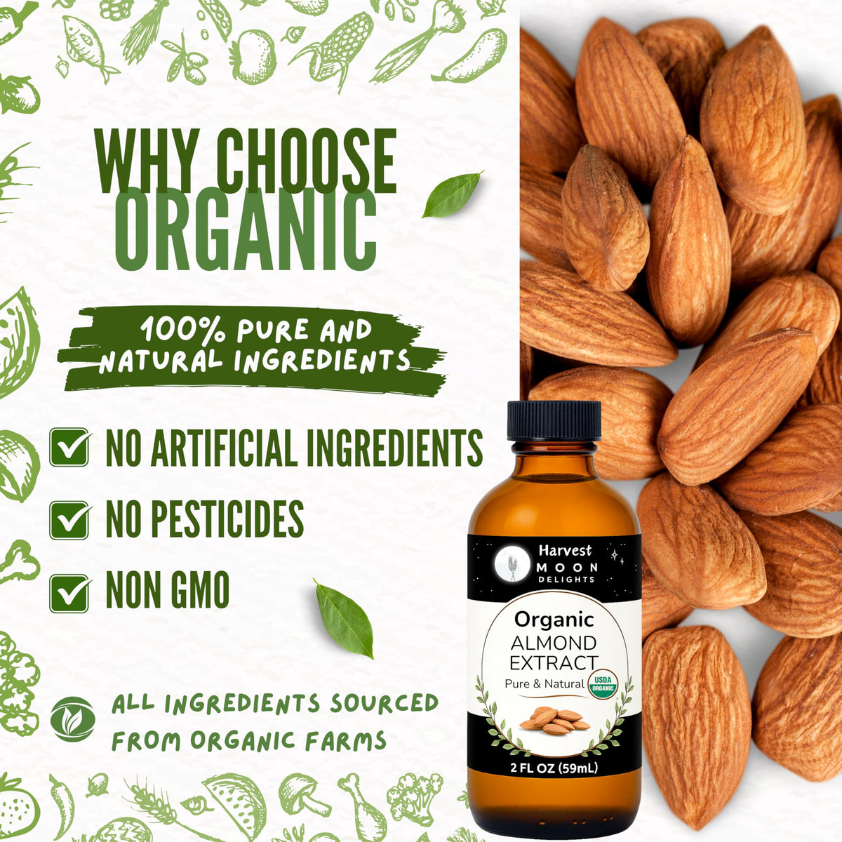 Harvest Moon Delights organic ingredients label signals pure almond essence for recipes