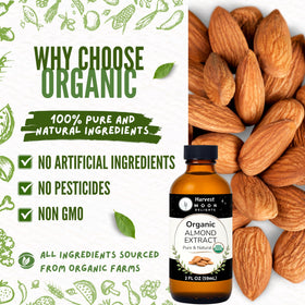 Harvest Moon Delights organic ingredients label signals pure almond essence for recipes