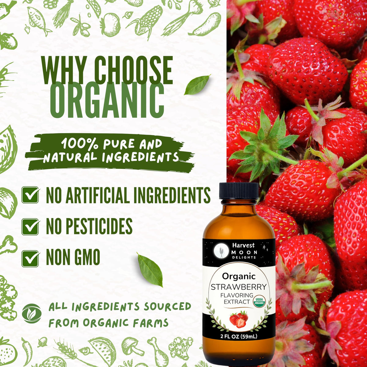 Harvest Moon Delights organic extract label closeup highlighting gluten-free vegan ingredients.