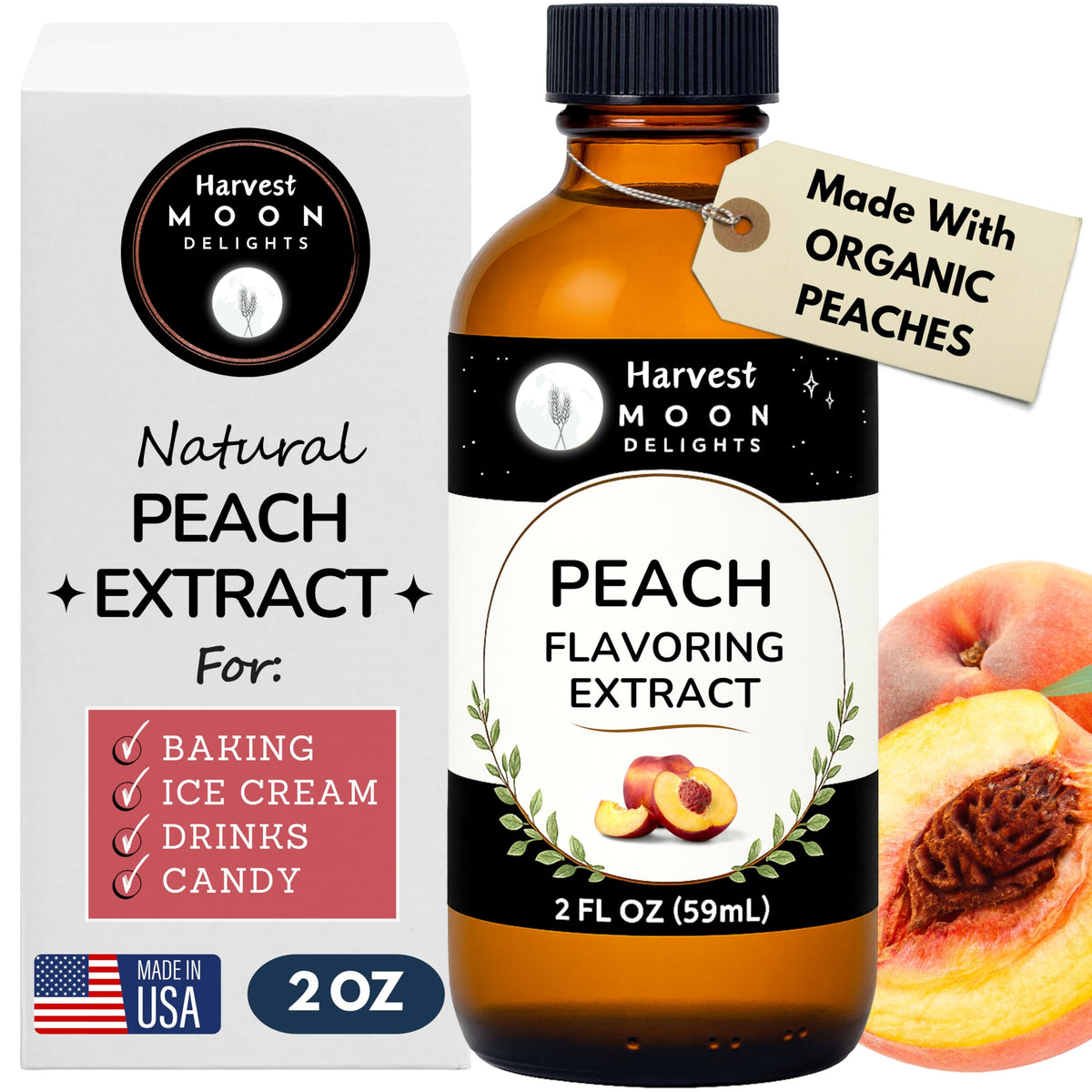 Harvest Moon Delights peach extract bottle, ideal for baking.
