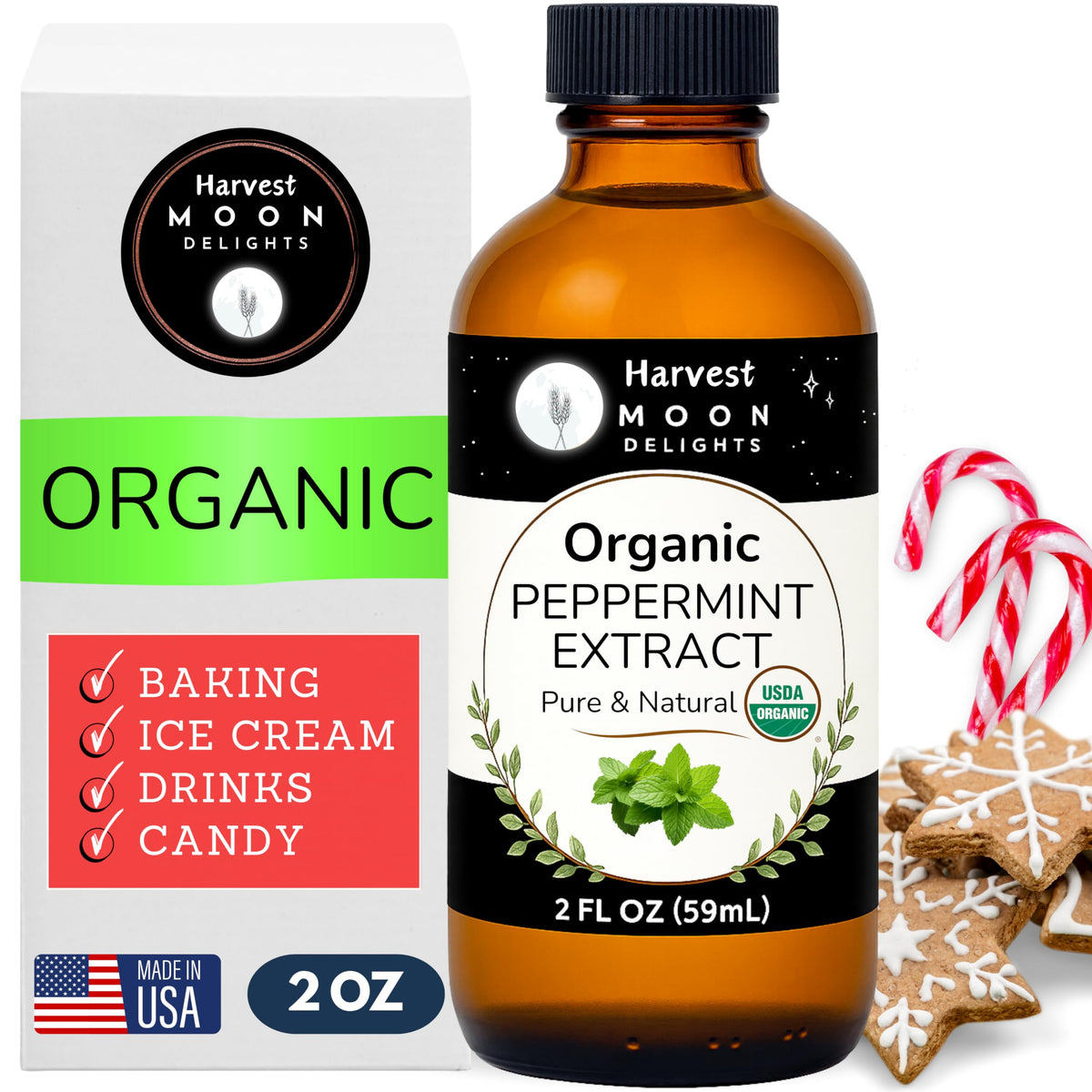 Harvest Moon Delights peppermint extract bottle for premium organic flavor in baking