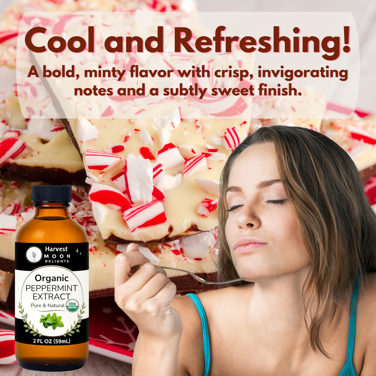 Harvest Moon Delights peppermint extract ingredients close-up shows quality