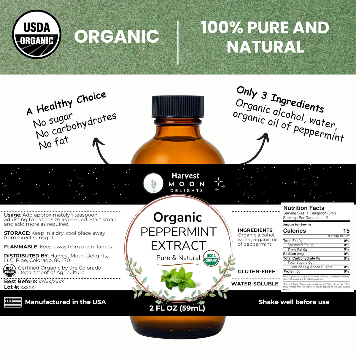 Harvest Moon Delights peppermint extract pour for easy dosing in beverages