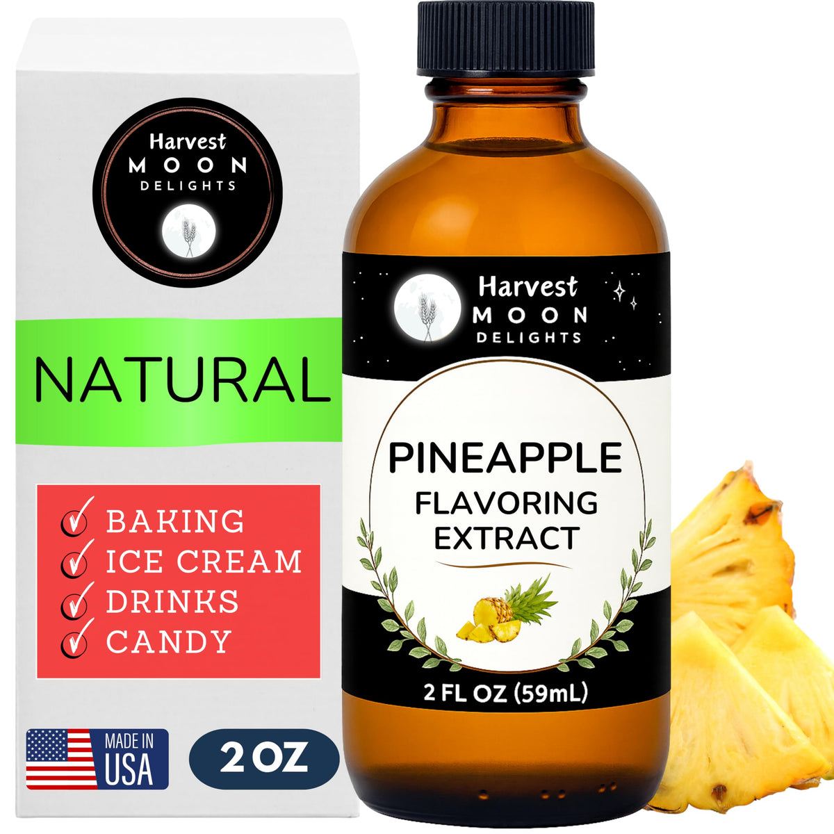 Harvest Moon Delights pineapple extract bottle in focus, ready for baking applications