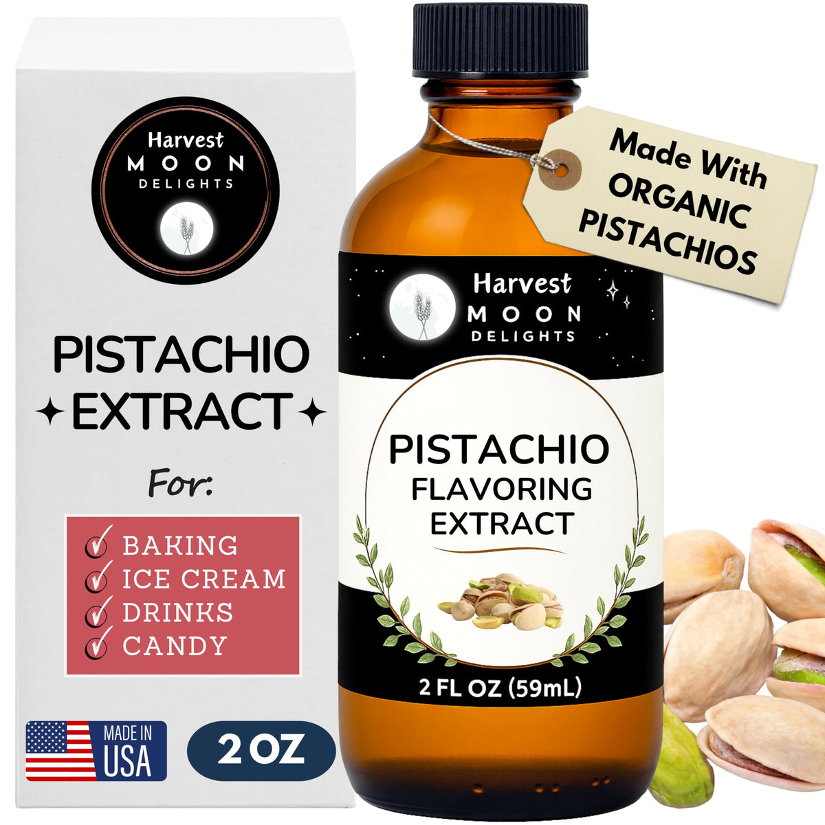 Harvest Moon Delights pistachio extract bottle highlights authentic flavor for desserts.