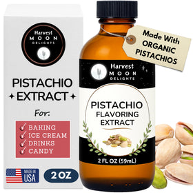Harvest Moon Delights pistachio extract bottle highlights authentic flavor for desserts.
