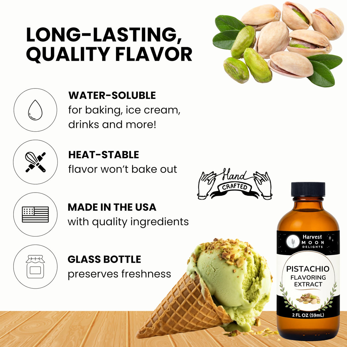 Harvest Moon Delights pistachio flavoring for beverages adds subtle richness.