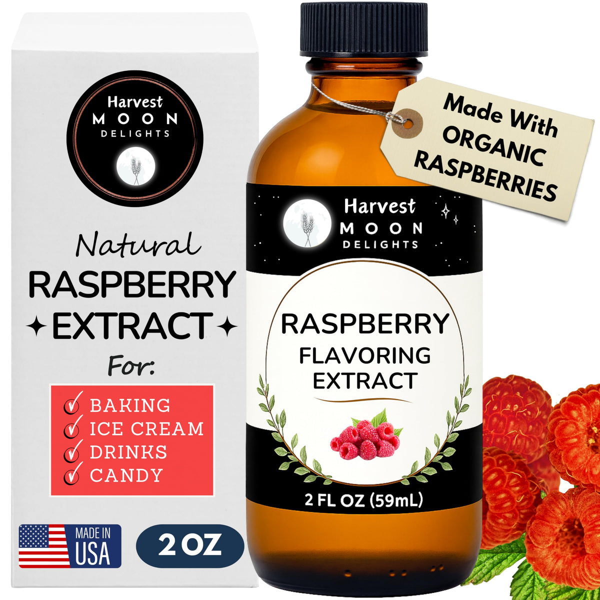 Harvest Moon Delights Raspberry Extract bottle close-up boosts berry flavor for baking.