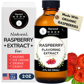 Harvest Moon Delights Raspberry Extract bottle close-up boosts berry flavor for baking.