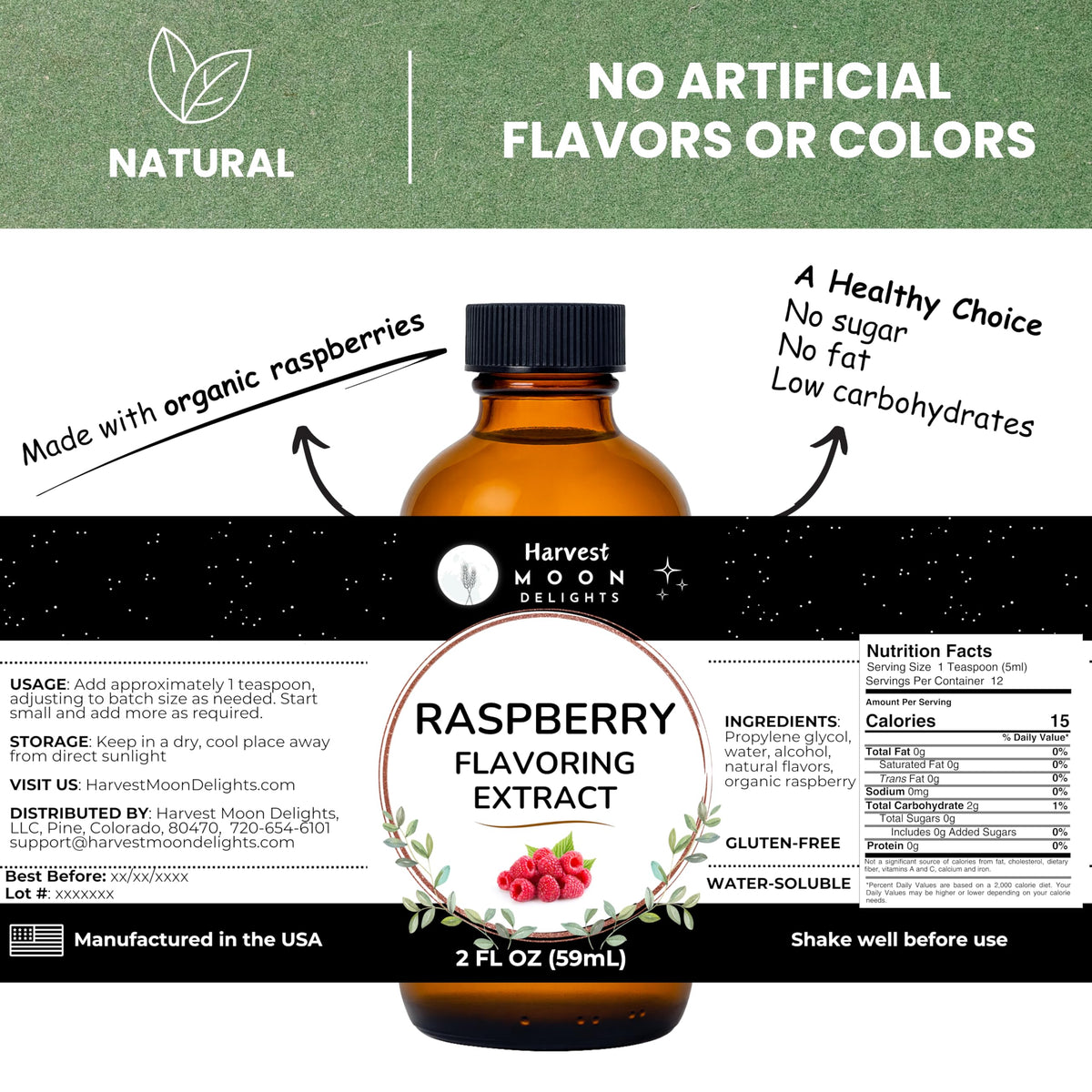 Harvest Moon Delights Raspberry Extract label highlights natural ingredients for dessert recipes.