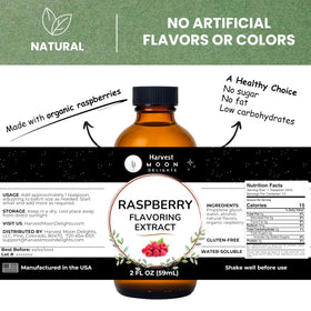 Harvest Moon Delights Raspberry Extract label highlights natural ingredients for dessert recipes.