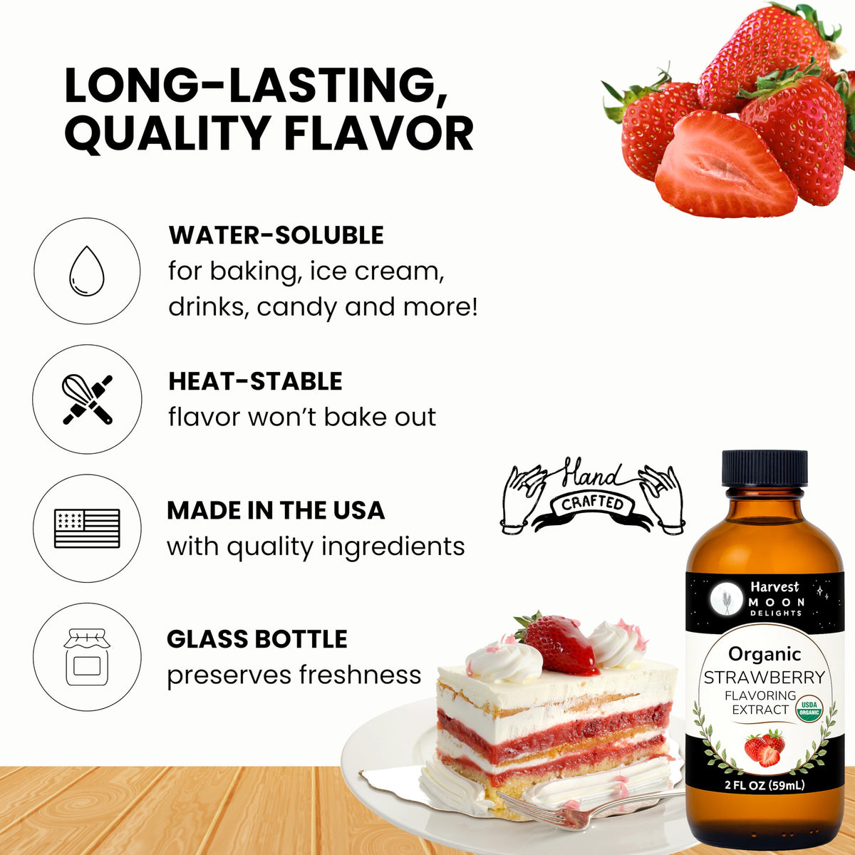 Harvest Moon Delights strawberry dessert flavor closeup showing versatility for cakes and candy.