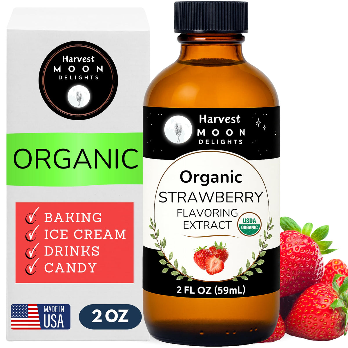 Harvest Moon Delights organic strawberry extract in a 2oz glass bottle for fresh baking flavor.