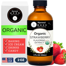 Harvest Moon Delights organic strawberry extract in a 2oz glass bottle for fresh baking flavor.