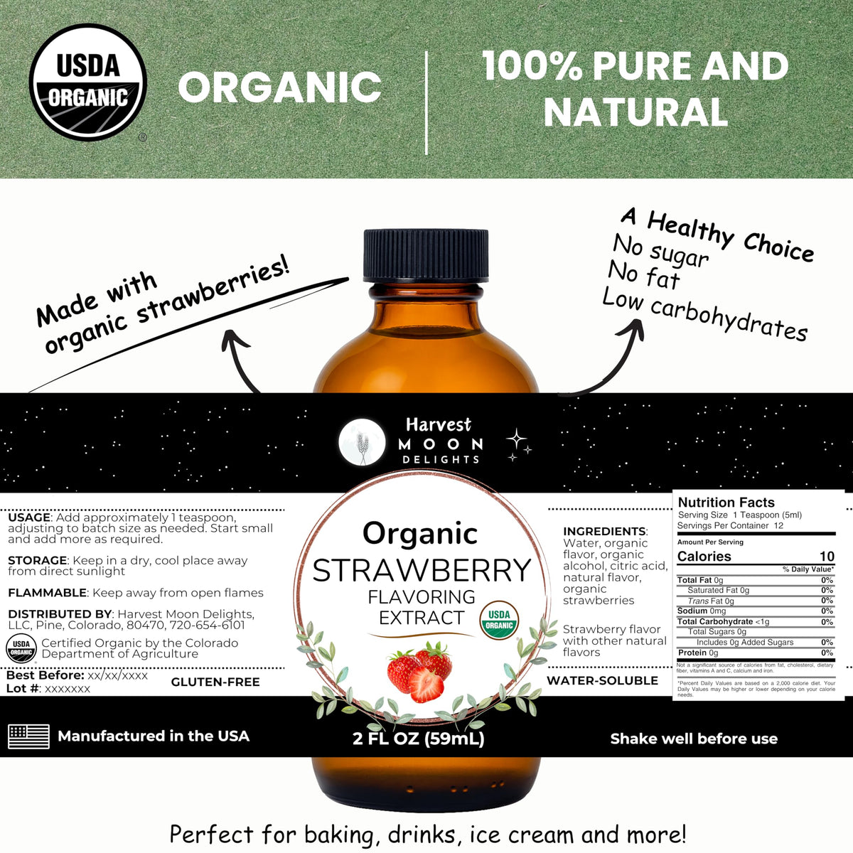 Harvest Moon Delights strawberry extract with pour-spout for easy recipe flavoring.