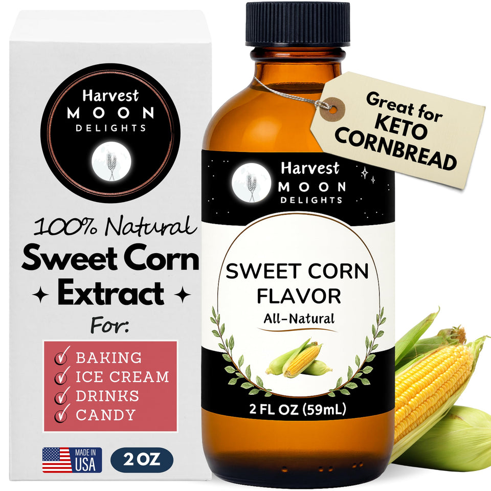 Harvest Moon Delights corn flavor bottle pouring into batter for keto baking