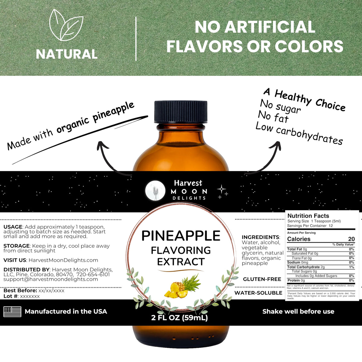 Water-soluble pineapple flavor pour from Harvest Moon Delights for quick mixing