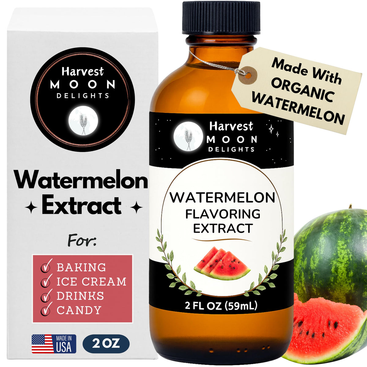 Harvest Moon Delights watermelon flavor extract front label; ideal for baking and beverages