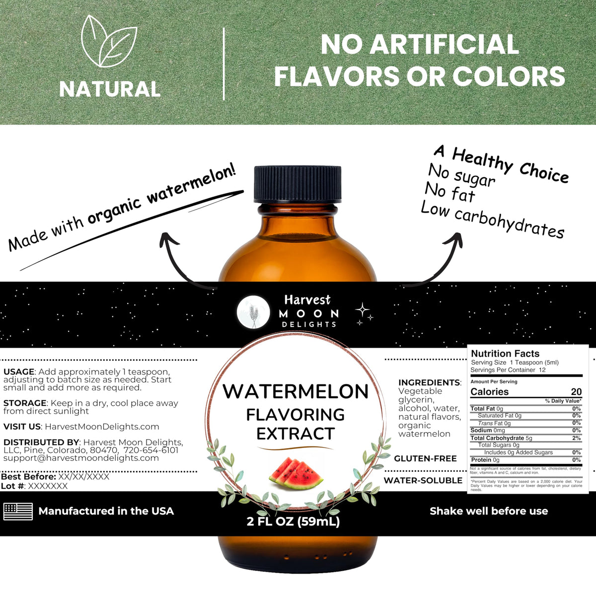 Harvest Moon Delights watermelon flavor extract 2-oz glass bottle on counter