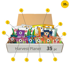 Harvest Planet 35-pack healthy snack variety box on display, ideal for meetings