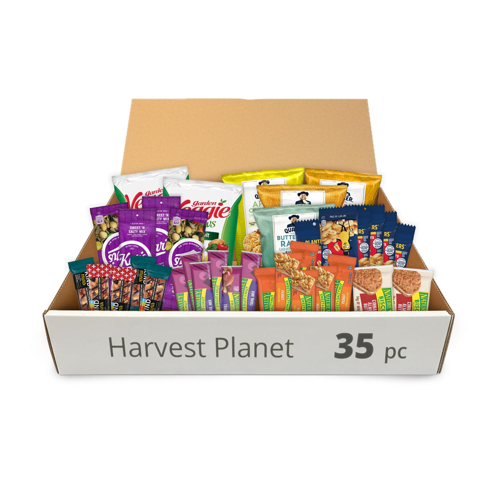 Harvest Planet Focus & Energy snack pack in office display supports productivity.