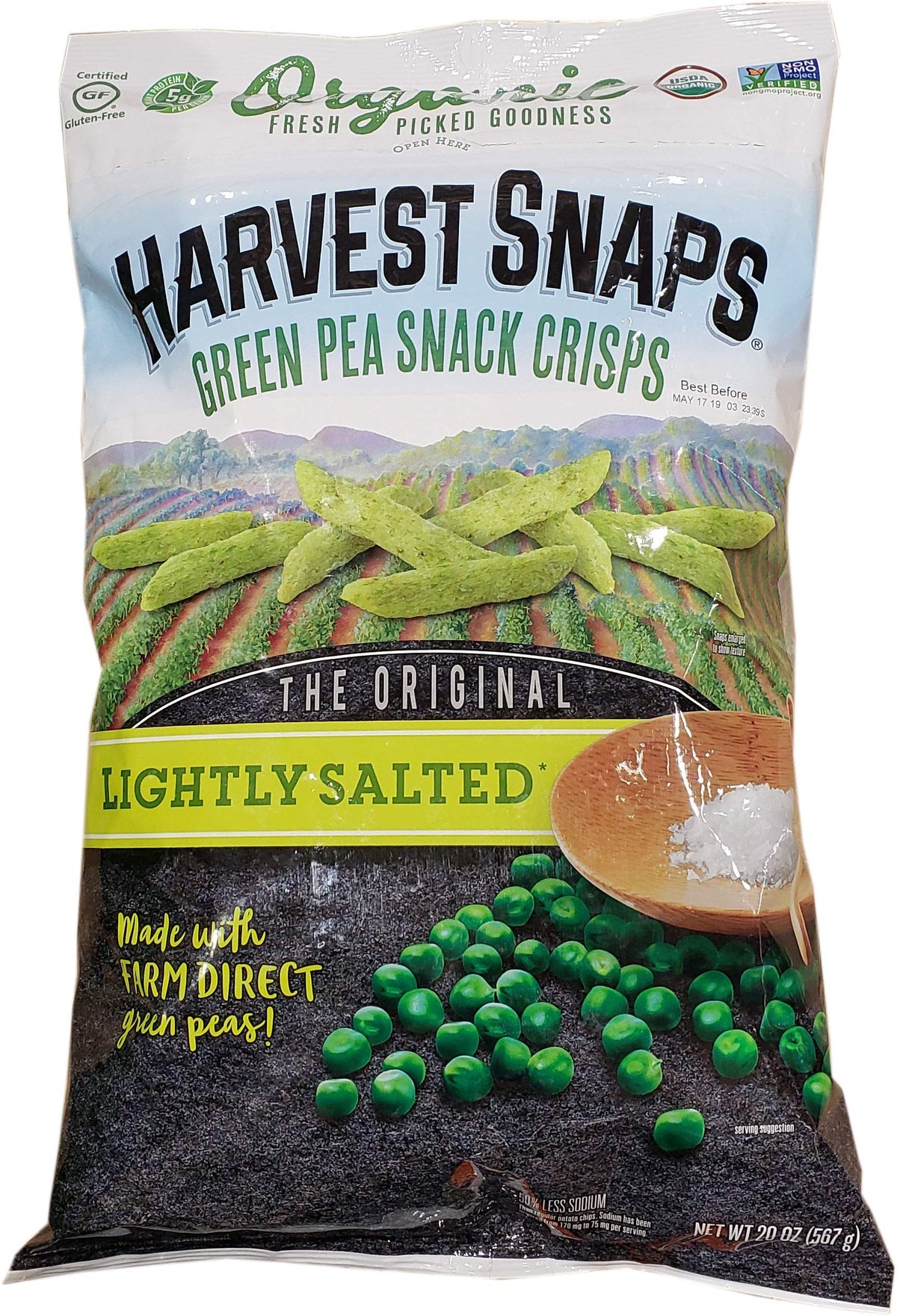 Harvest Snaps pack with lightly salted Snapeas, a crunchy, high-fiber snack for on-the-go.