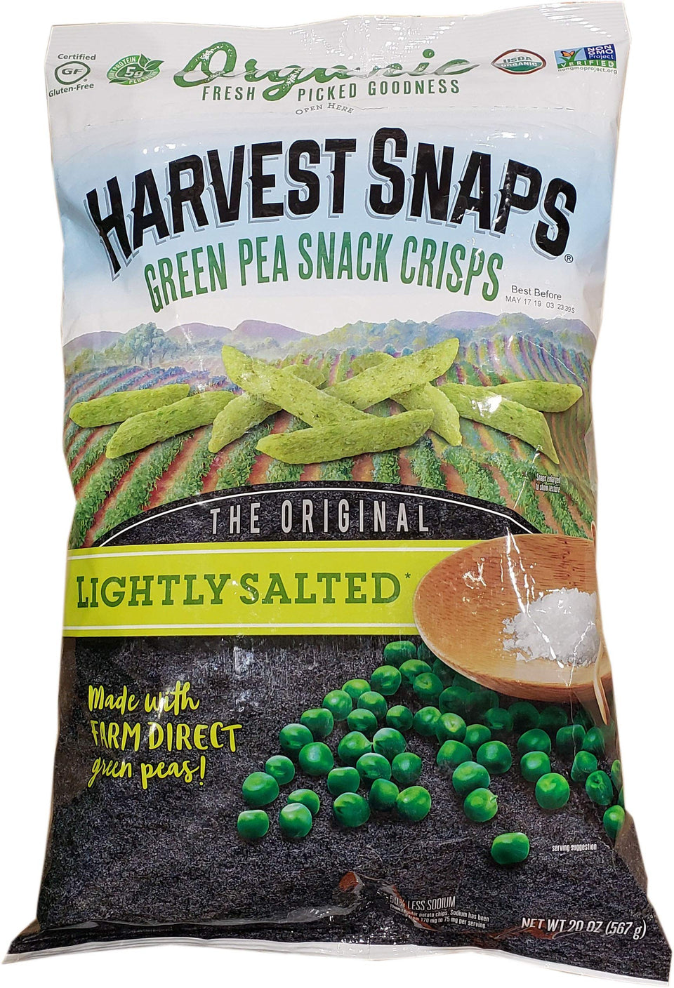 Harvest Snaps pack with lightly salted Snapeas, a crunchy, high-fiber snack for on-the-go.