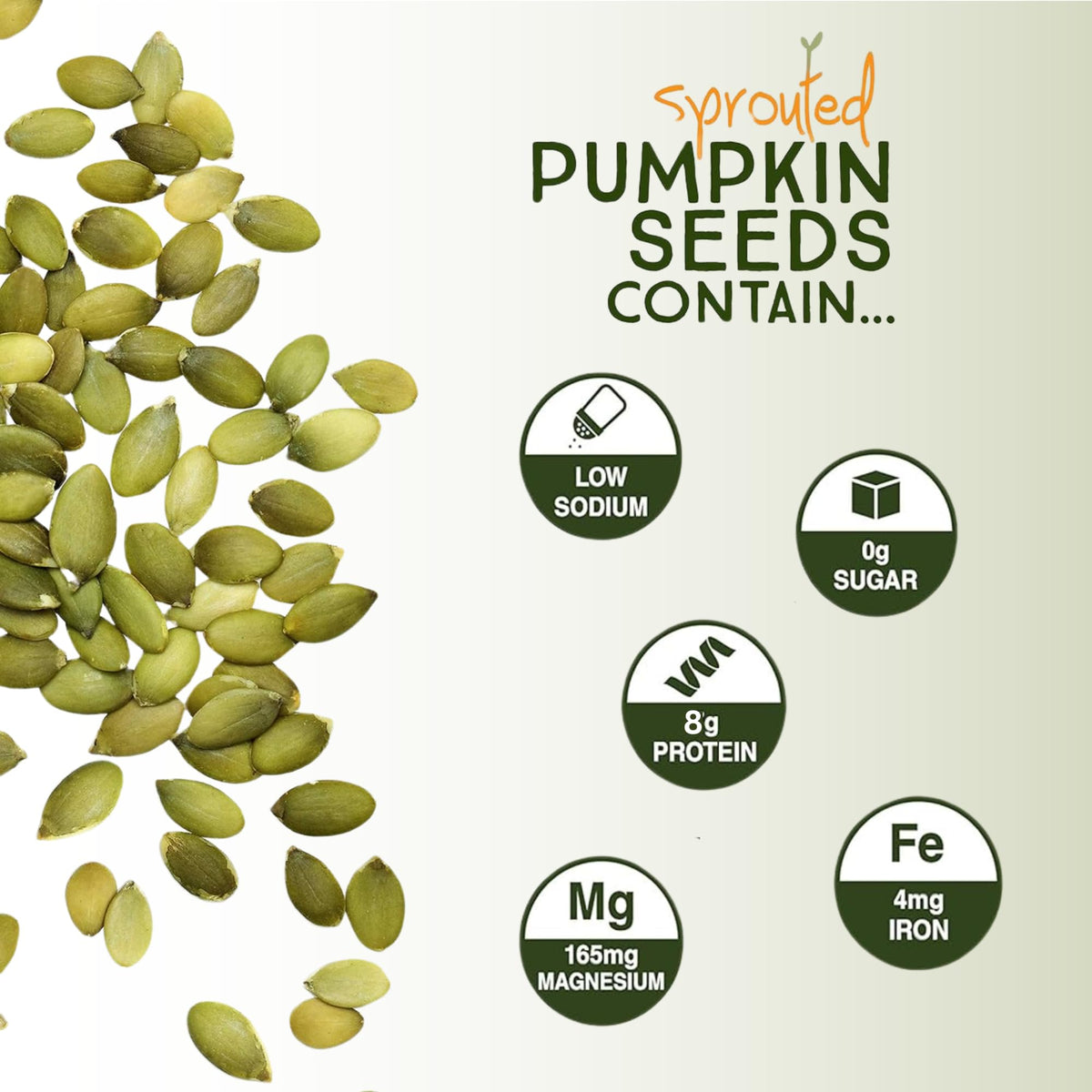 Harvested For You organic sprouted pumpkin seeds close-up, nutrient-dense crunch