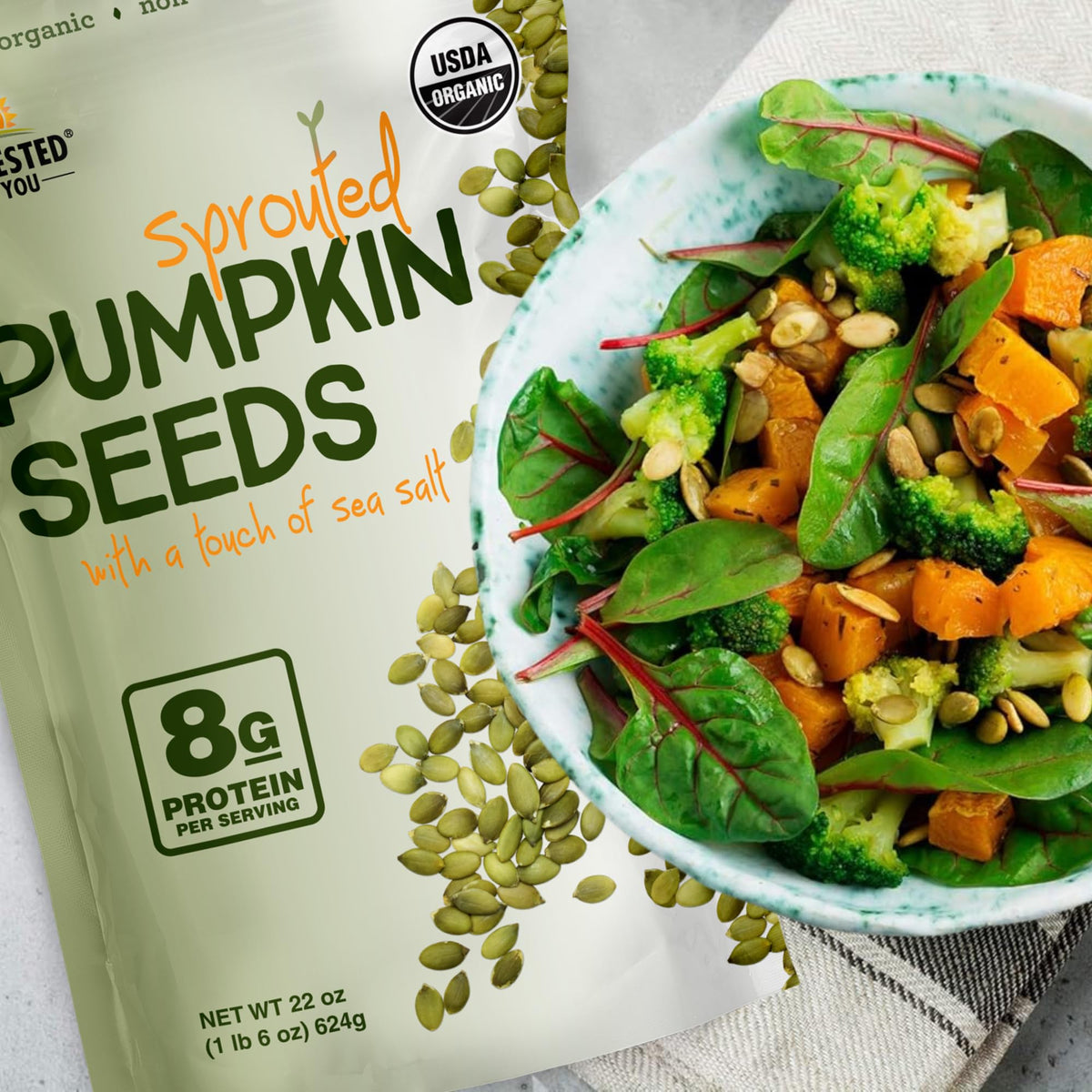 Harvested For You sea salted pumpkin seeds packaging, clean ingredients