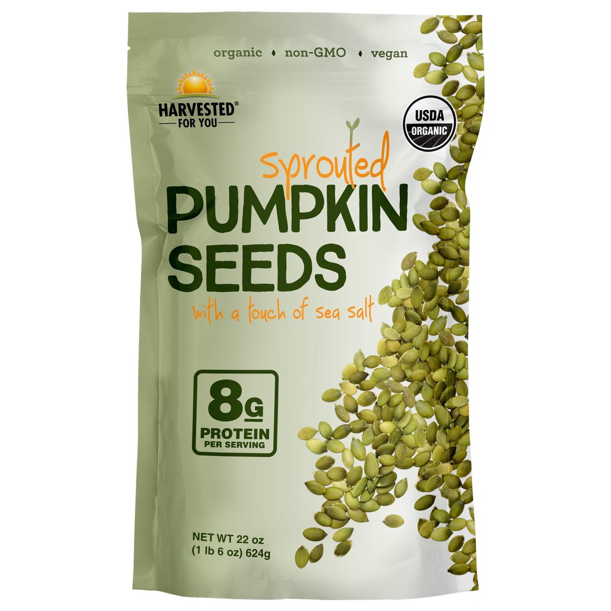 Harvested For You sea salted sprouted pumpkin seeds bag, protein-packed snack