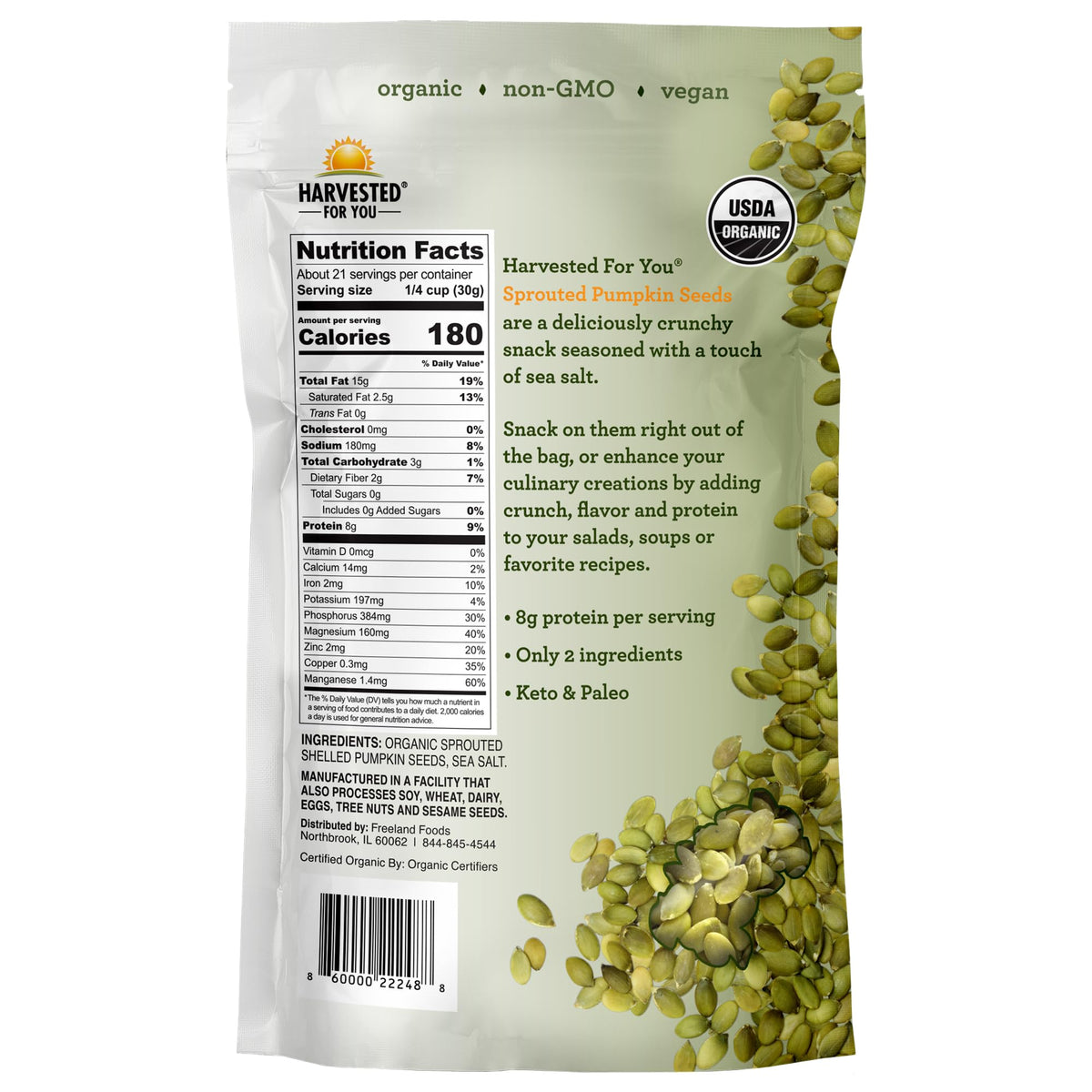 Harvested For You sprouted pumpkin seeds in bowl, crunchy energy booster