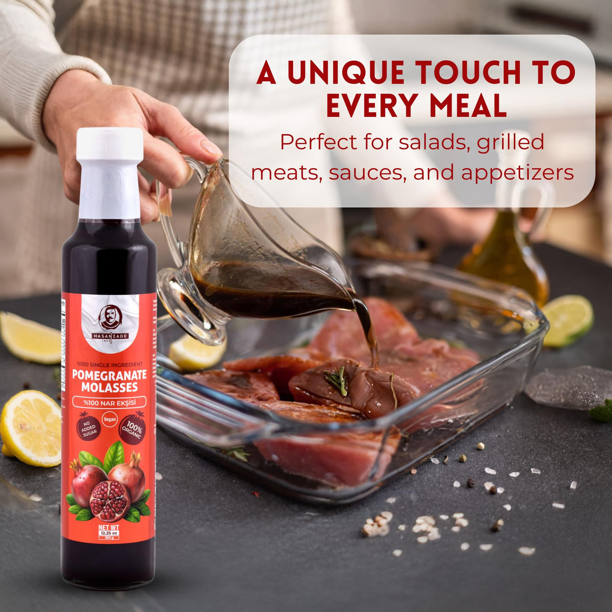 Ideal marinade base with HASANZADE 1923 pomegranate molasses for meats.