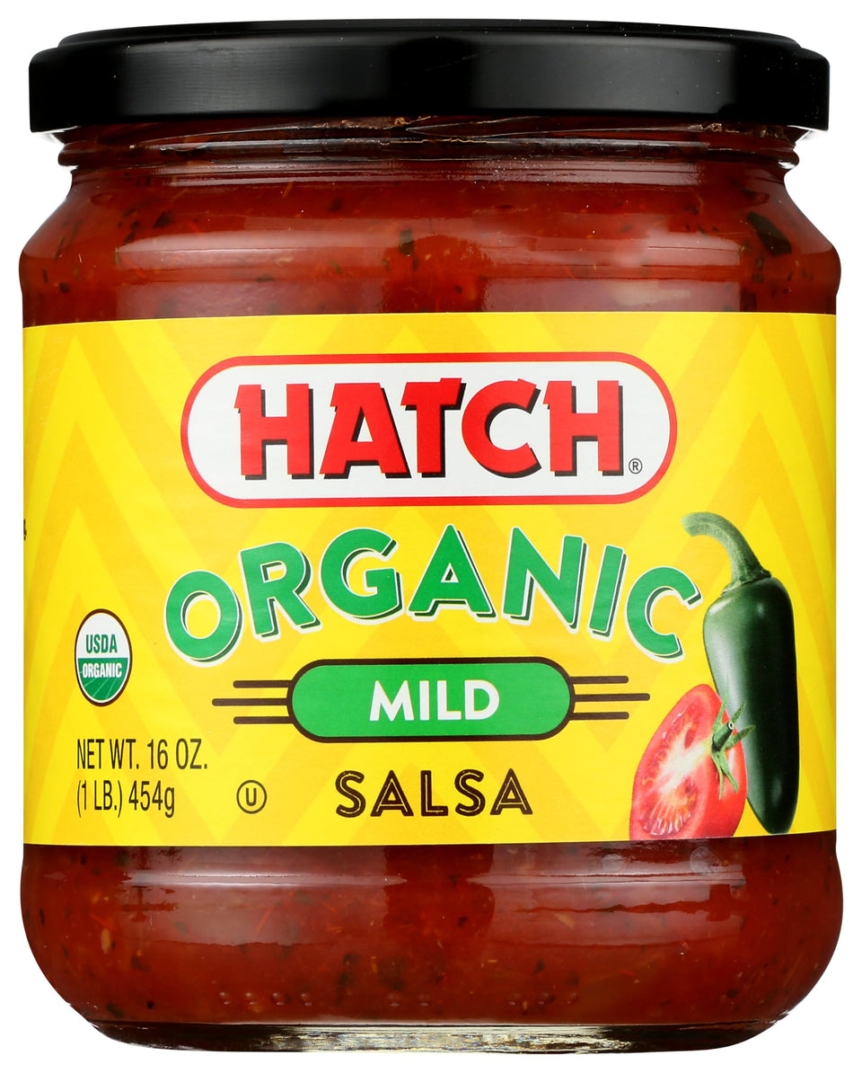 Hatch Organic Mild Salsa bottle ideal for dipping and topping meals.
