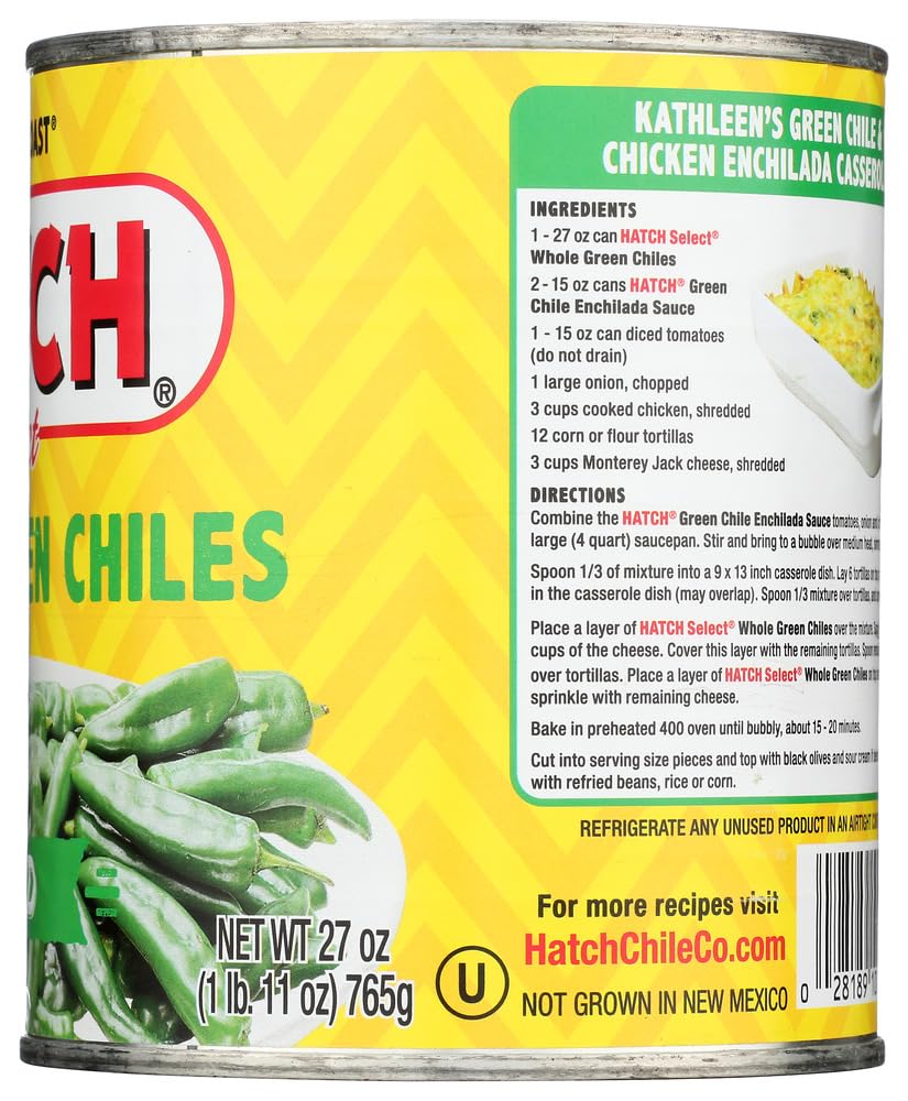 Hatch Chili Company Hatch whole green chilies 27oz pack, close-up showing vibrant color.
