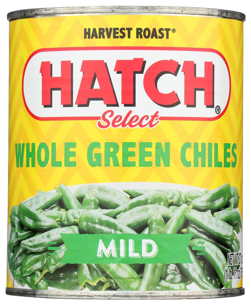 Hatch Chili Company Hatch whole green chilies 27oz jar, front view, versatile meals.