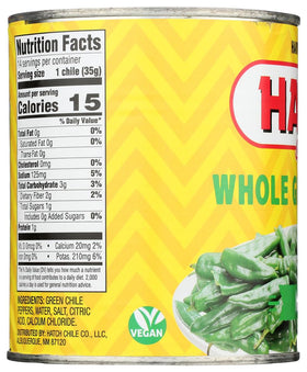 Hatch Chili Company Hatch whole green chilies 27oz jar, back view, ready for recipes.