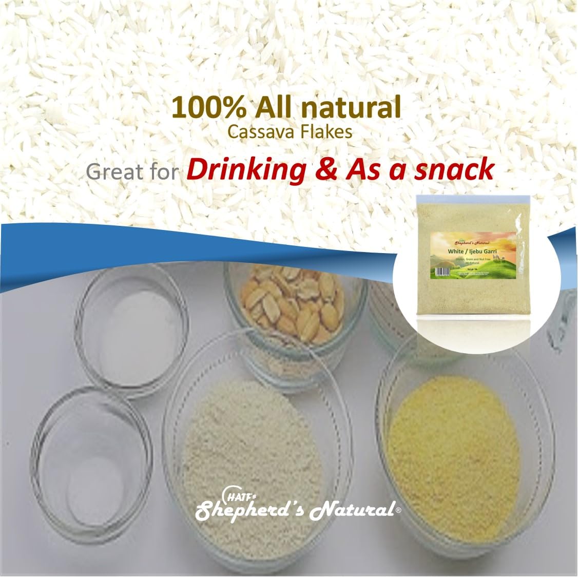 Sand-free processing highlights clean, refined garri grains.