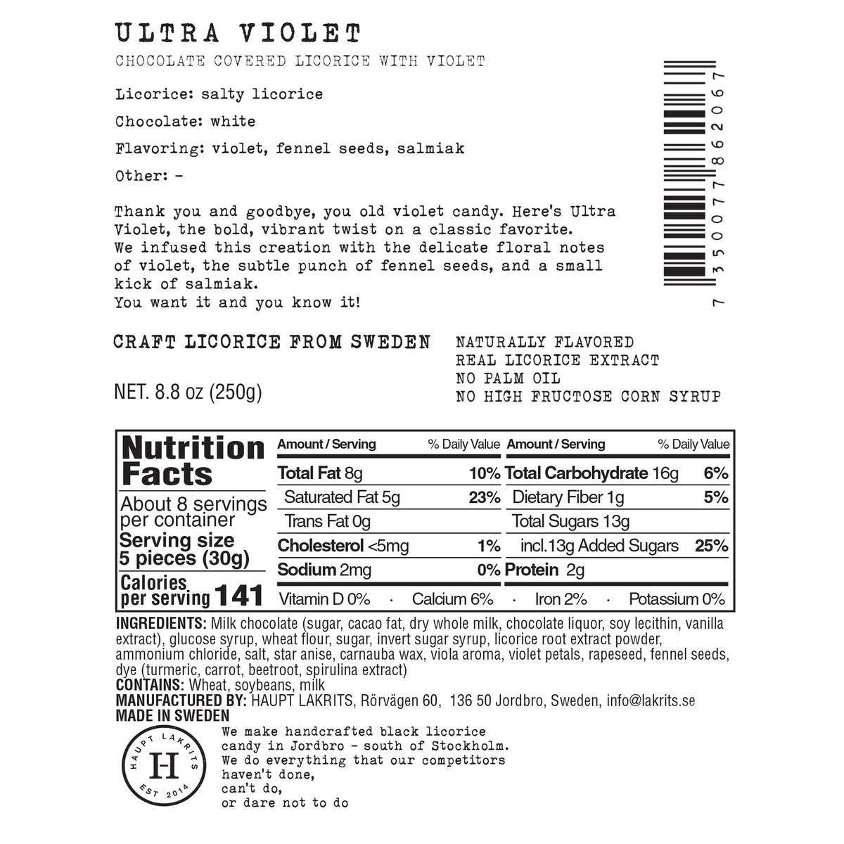 Haupt Lakrits Ultra Violet licorice 8.8 oz pack, vegetarian and no nuts