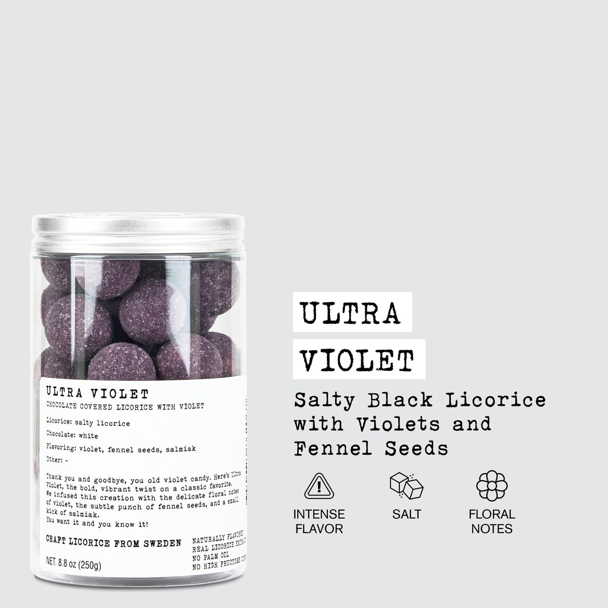 Haupt Lakrits Ultra Violet licorice white chocolate coating closeup, rich texture