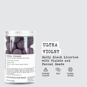 Haupt Lakrits Ultra Violet licorice white chocolate coating closeup, rich texture