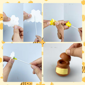 HAVAGDTM honey jar and bee toppers coordinate with bee theme party decor.