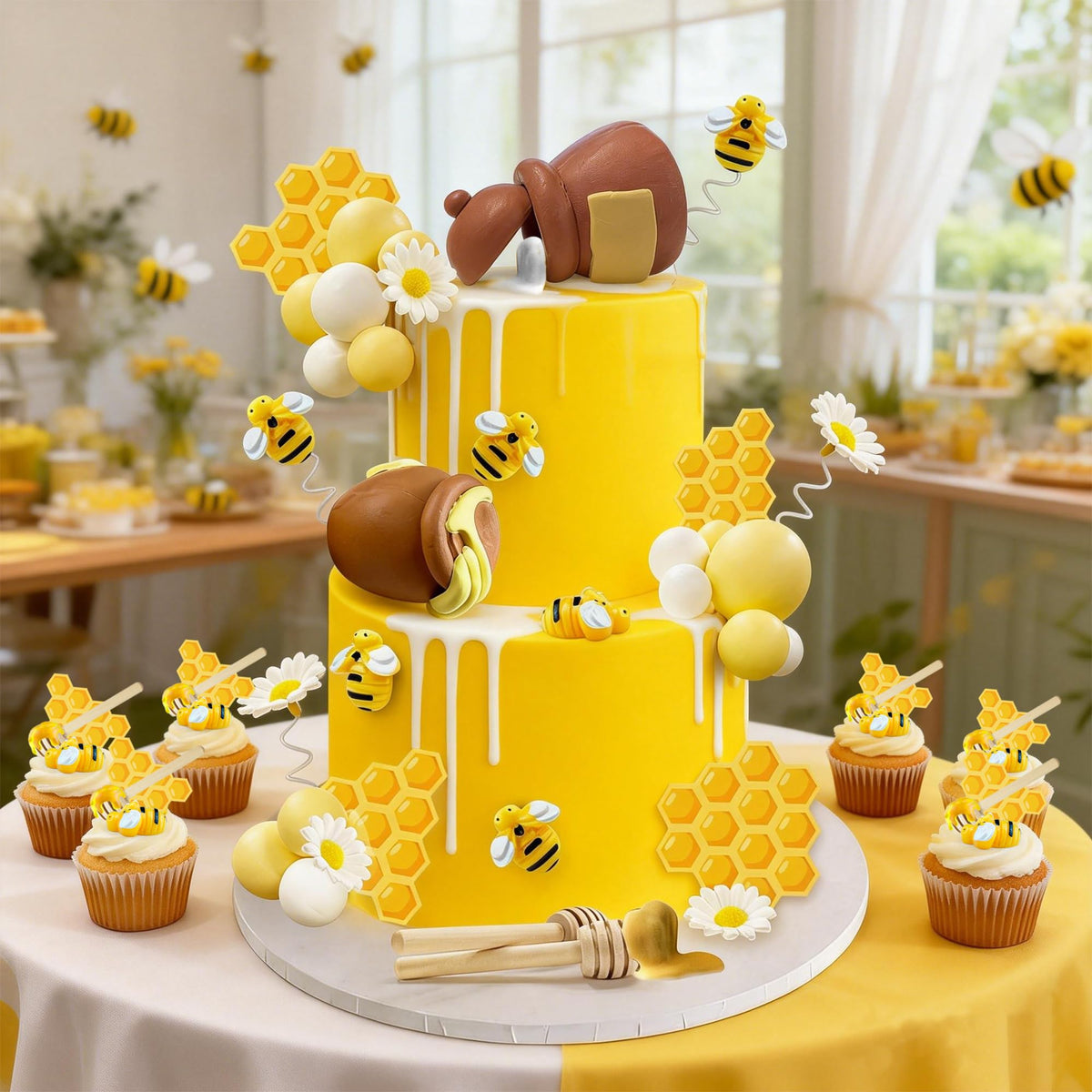 HAVAGDTM bumble bee toppers enhance cake presentation and party photos.
