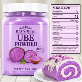 HAVNDRAE Ube powder bottle open, preserving freshness for easy scooping.