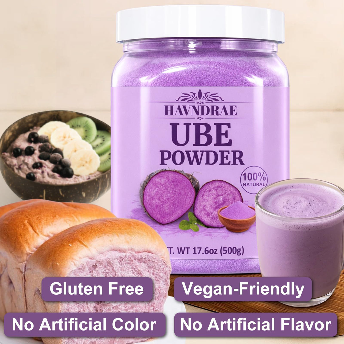 HAVNDRAE Ube powder dessert bowl showcases colorful treats.