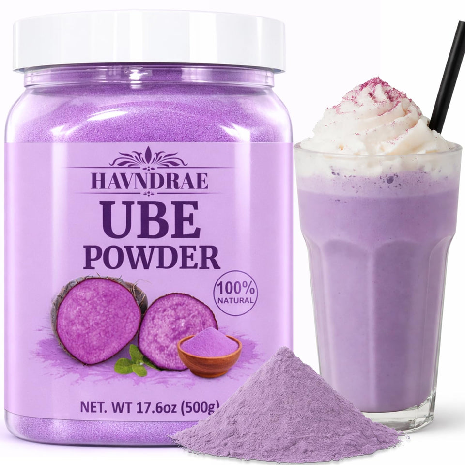 HAVNDRAE Ube powder jar closeup highlighting natural color and resealable packaging.