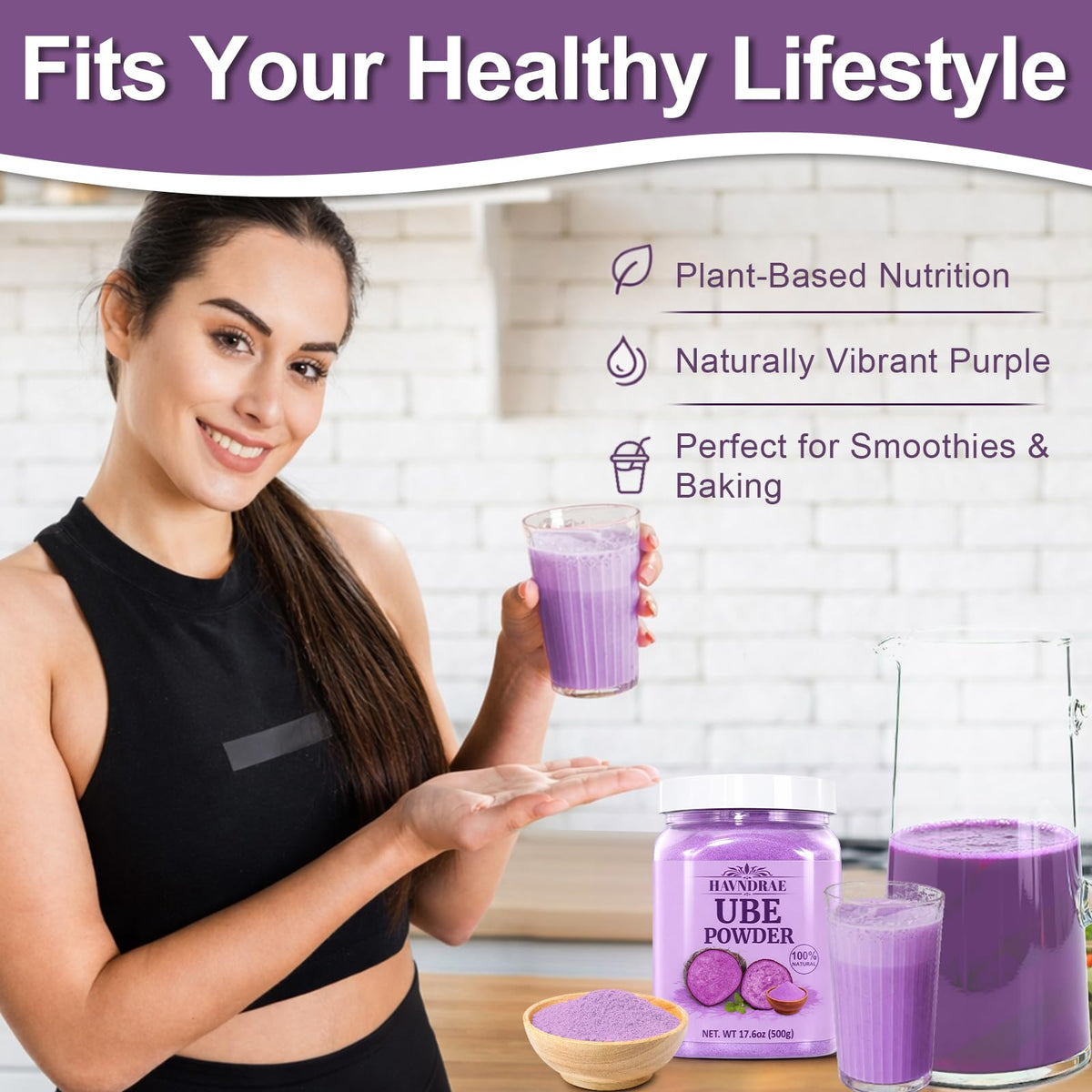 HAVNDRAE Ube powder packaging highlights vegan and gluten-free ingredients.