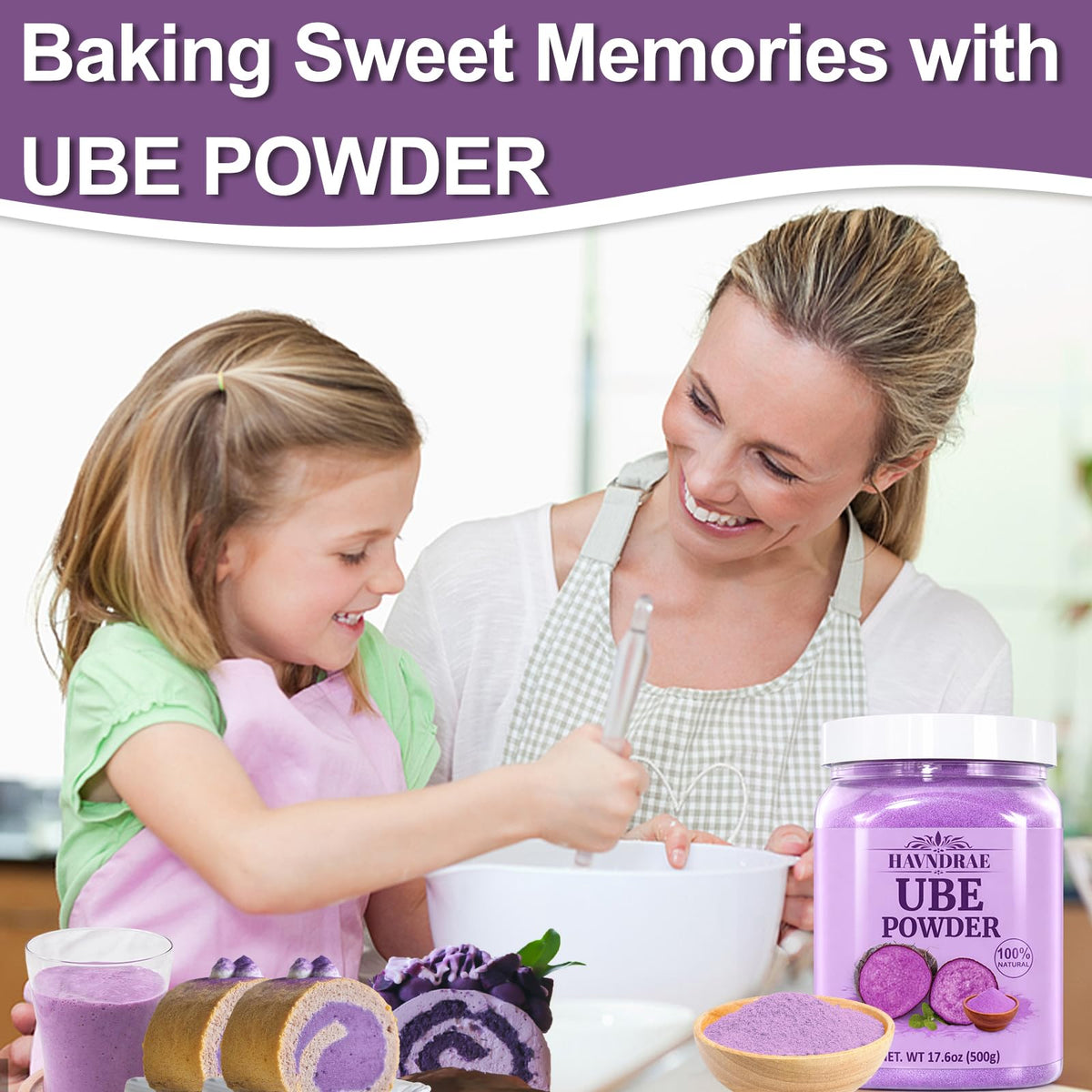 HAVNDRAE Ube powder added to smoothies for natural color and flavor.