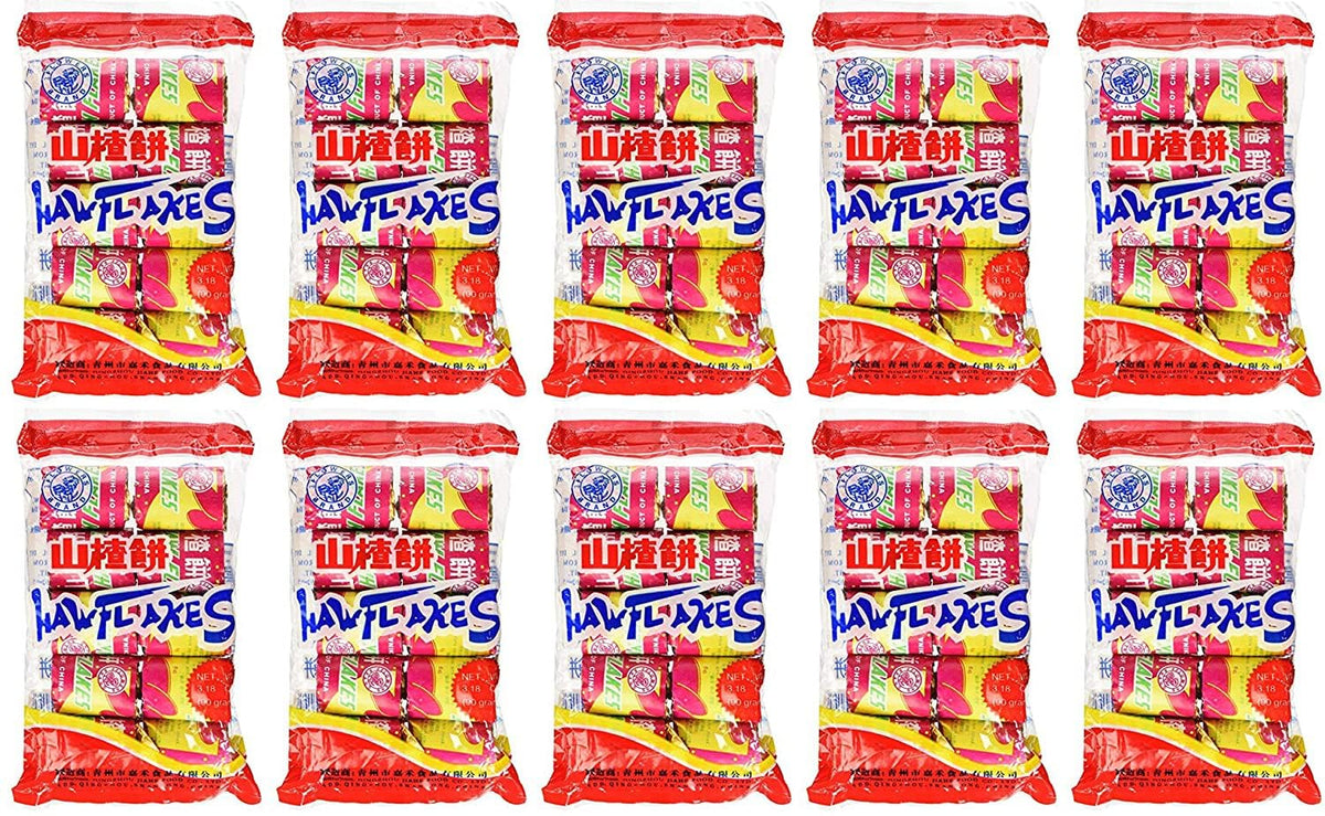 Haw Flakes pack of 10 front view, convenient on-the-go snack for quick cravings.