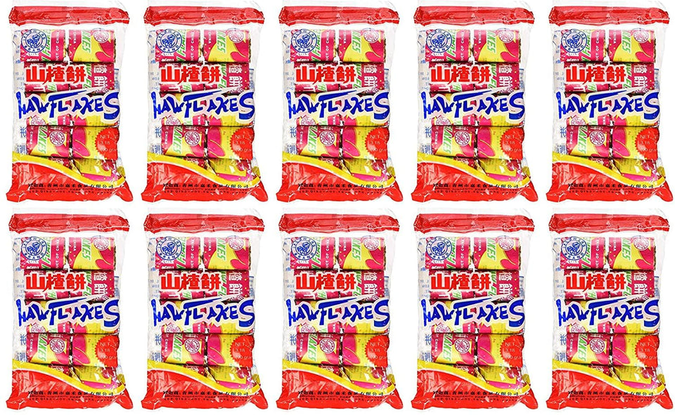 Haw Flakes pack of 10 front view, convenient on-the-go snack for quick cravings.