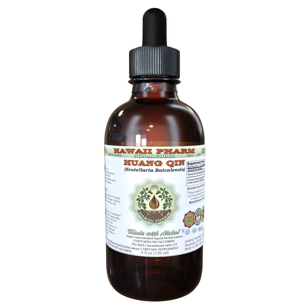 Hawaii Pharm Huang Qin alcohol-free liquid extract bottle with label, convenient herbal support.